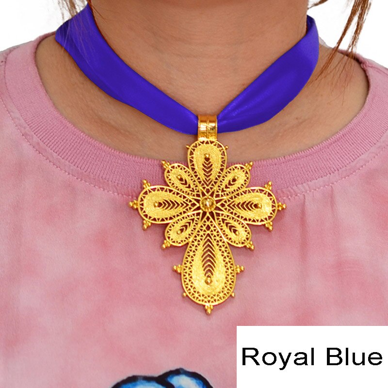 Anniyo Ethiopian Cross Pendant DIY Rope Chain for Women Girls,Gold Color Eritrea Jewelry African Crosses #217006: Royal Blue