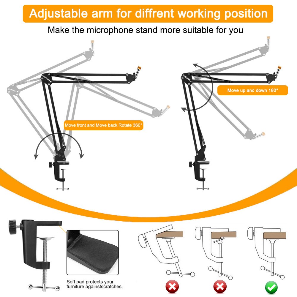 Pantographe pour bras de Microphone, flèche à Suspension réglable, support de micro à ciseaux pour support Blue Yeti avec support de micro coupe-vent