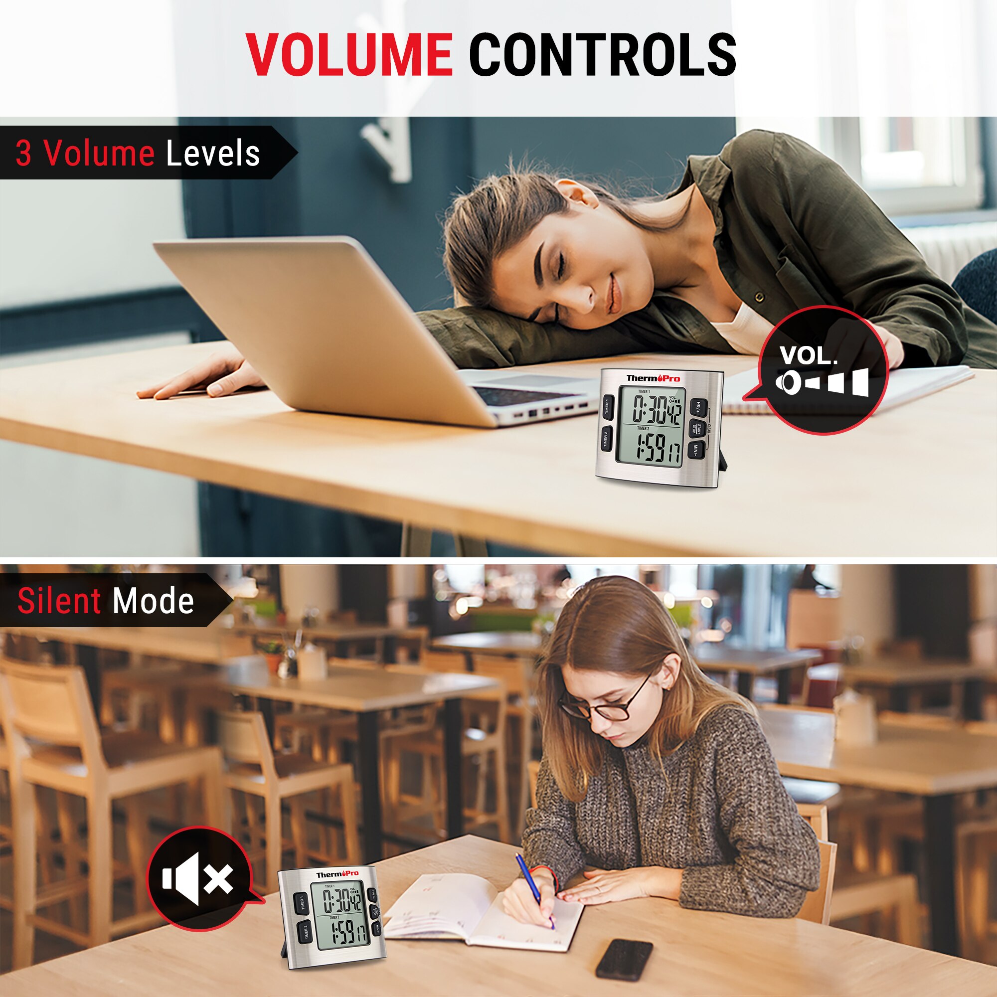 ThermoPro TM02 Kitchen Cooking Timer Dual Digital Display Countdown Big Screen Backlight with 24H Clock Function