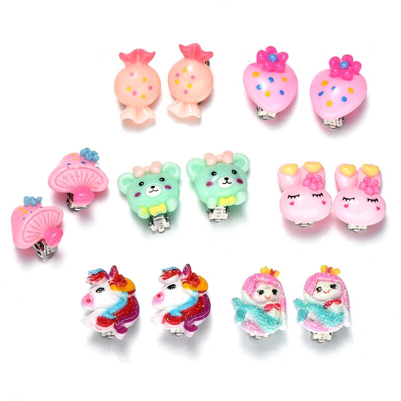 7 Pairs Kids Peuter Meisjes Clip Op Oorbellen Waarde Set Verjaardagsfeestje Leuke Mermaid Paard Snoep Prinses Oor sieraden: Default Title