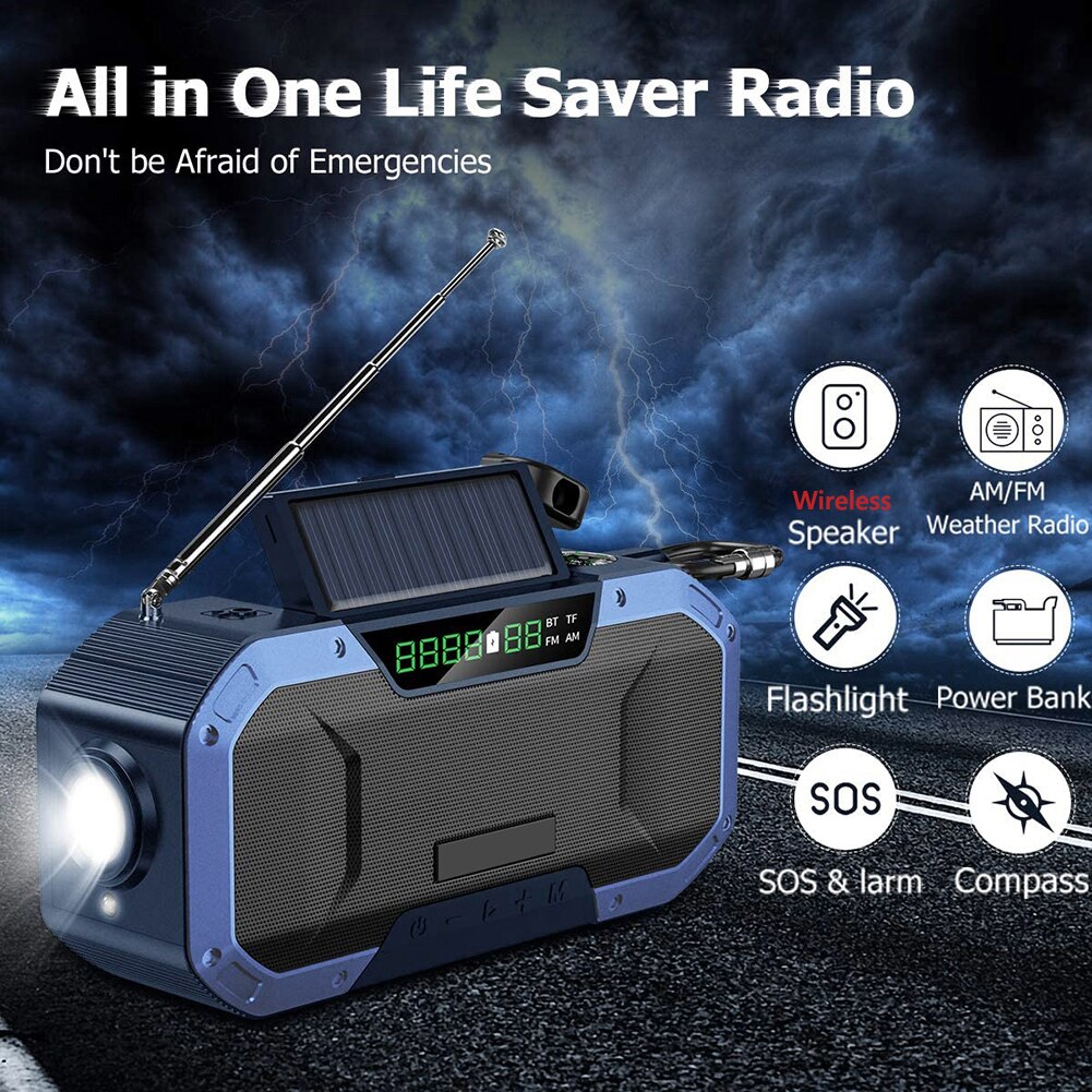 Radio de mano multifuncional con manivela Solar, Altavoz Bluetooth, AM/FM, Radio Meteorológica, linterna de emergencia, cargador de batería, 5000mAh
