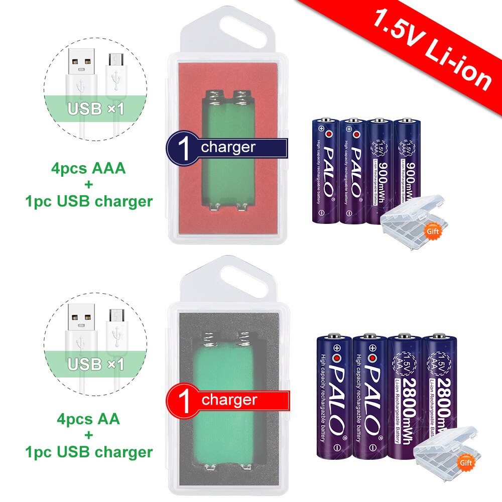 Aa + Aaa Oplaadbare Aa 1.5V 2800mwh/1.5V Aaa 900Mah Li-Ion Batterij Zaklamp Speelgoed Horloge MP3 speler 1.5V Lithium Aa Batterij: 4AA AAA-1charger