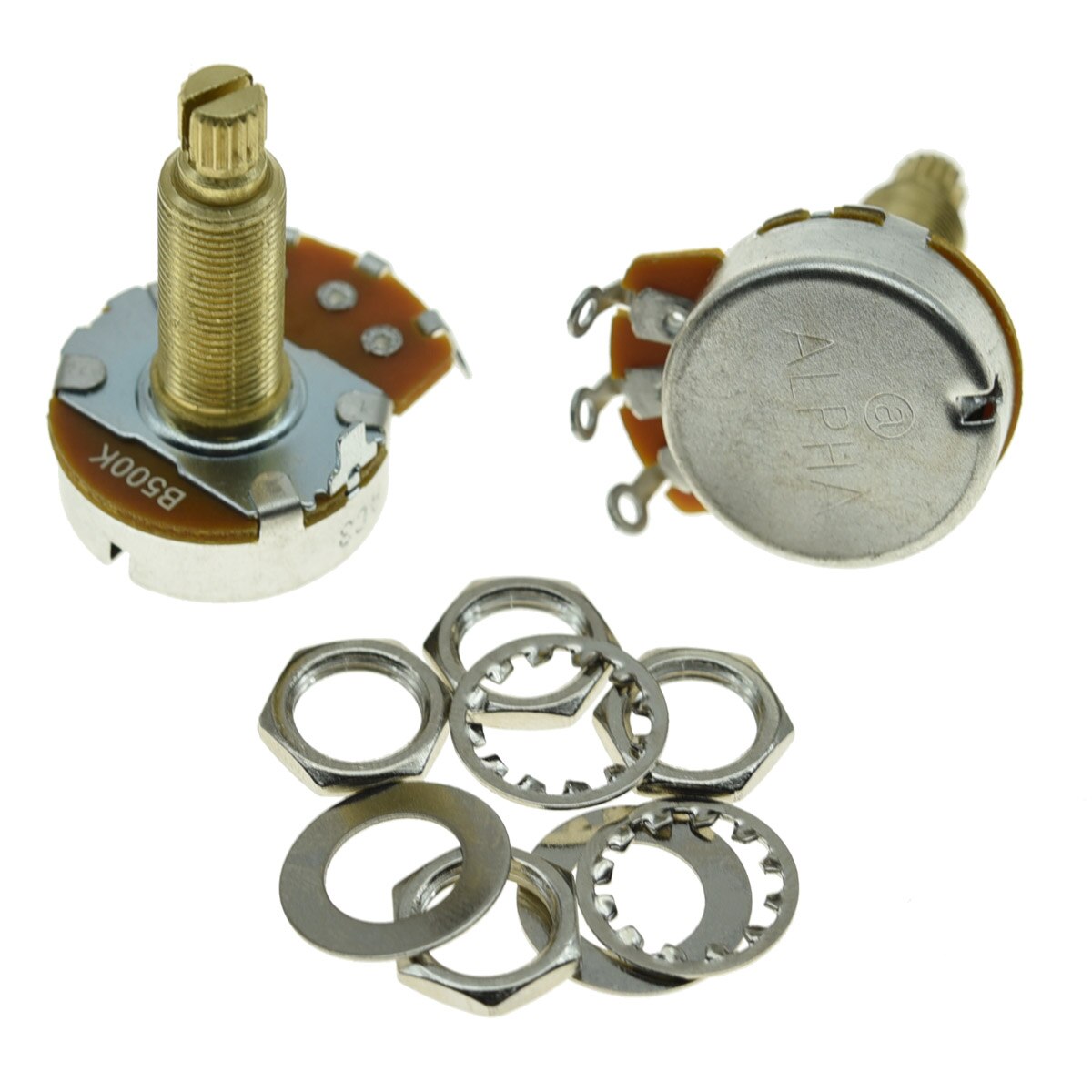 2-Pack Full Size Alpha Guitar Bass Pots Potentiometer with 29.5mm Brass Long Shaft Guitar Linear Pot B500K