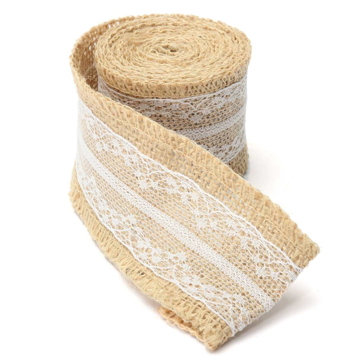 2Pcs 5Cm X 200Cm Natuurlijke Jute Jute Roll Wit Kant Hessische Trim Tafelloper Bands Rusticity Bruiloft decor Diy Craft: 1 / 2pc