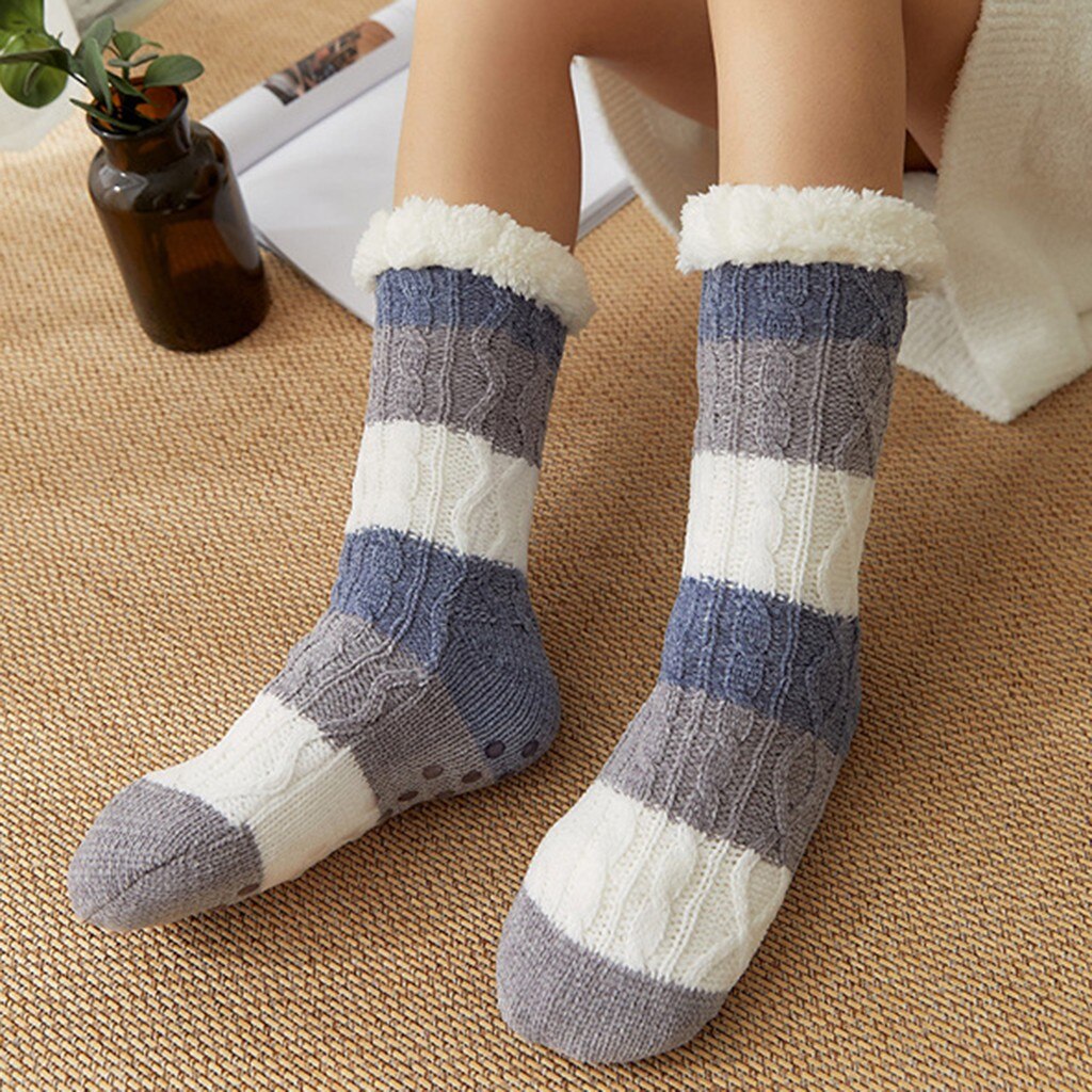 Women Girls Socks Print Stripe Casual Non Slip Warm Winter Mid Tube Cute Socks Warm Cold Knit Wool Floor Socks