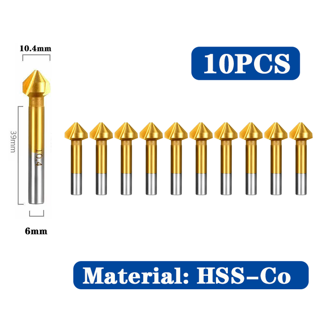HSS Chamfer Chamfering Cutter End Mill Tool Countersink Drill Bit Set To Wood Stell Chamfer Cutter Power Tool 3 Flute 90 degree: M35 10pcs 10.4mm