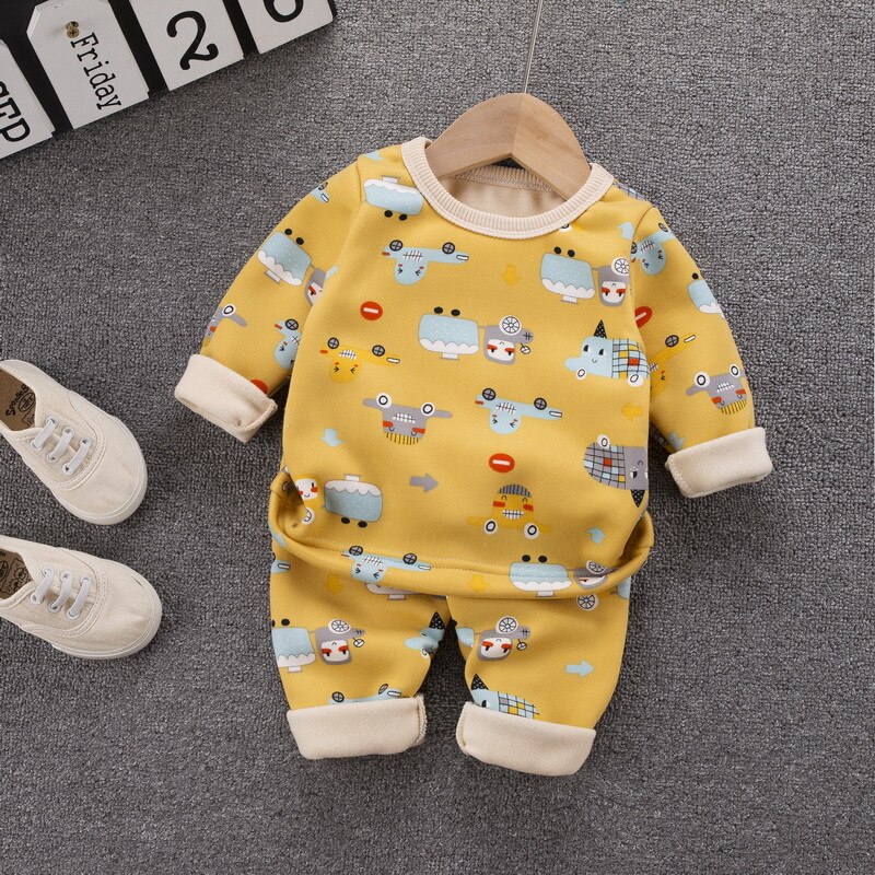 Poikavauva syksy ja talvi sametti paksu puuvilla alusvaatteet puku pojalle söpö sarjakuva kuvio rento lämmin pyjama puku: Keltainen / 6m