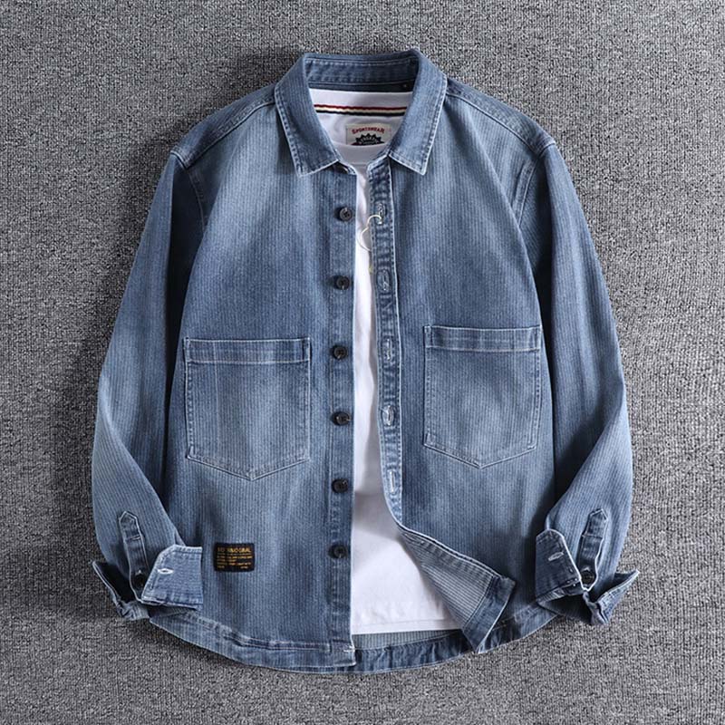 Chemise à manches longues en denim extensible slim pour homme, tendance japonaise, joli garçon, avec poche, manteau fin  on 0391: Bleu / Xxl