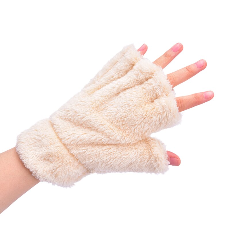 Soft Plush Short Fingerless Fluffy Bear Cat Gloves Costume Half Finger Black Beige Women Cute Cat Claw Paw Plush Mittens Warm