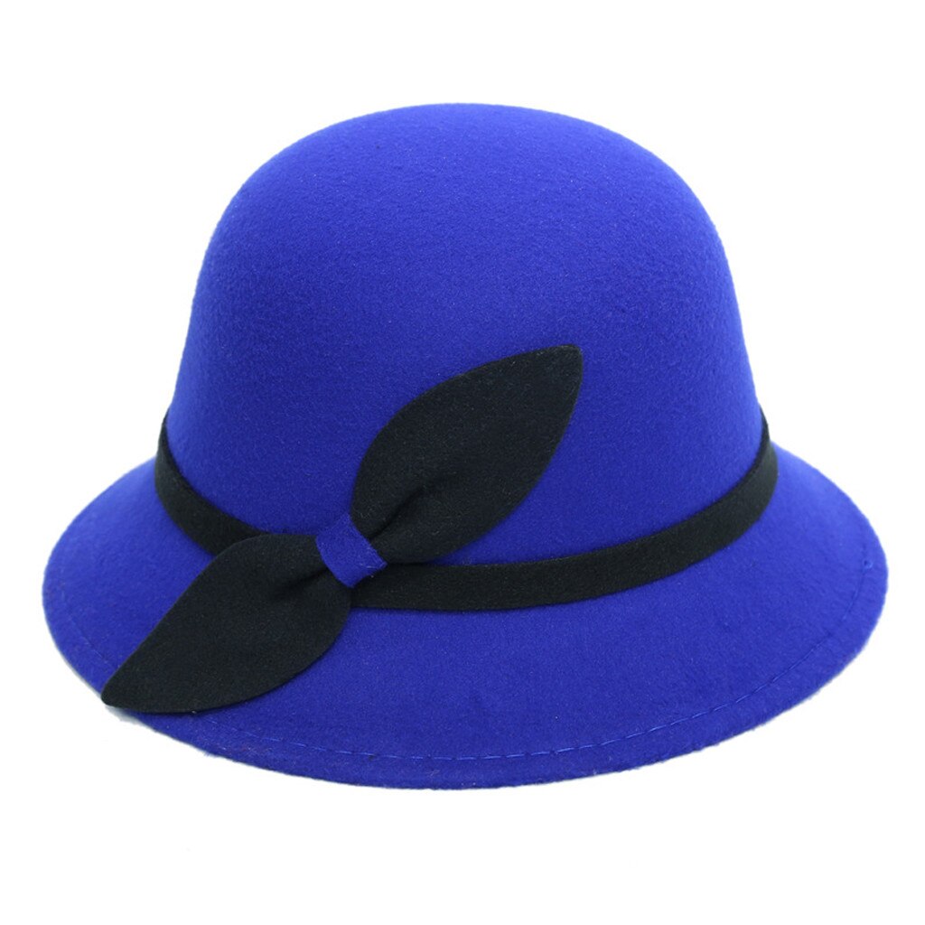 Hoeden Mode TopHat verkoop Fedora Chapeau Sombrero Mujer Vrouwen Faux Wol Emmer Hoeden Mode Bowler Cap Met Strik: Blauw
