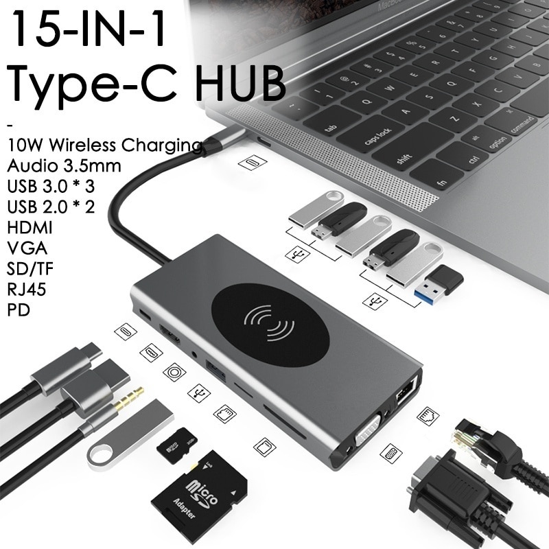 15 In 1 USB-C Hub Met Hdmi RJ45 Draadloze Lading Sd Kaartlezer Type-C Uitbreiding Dock Voor Macbook pro Laptop Accessoires: 15 in 1 hub