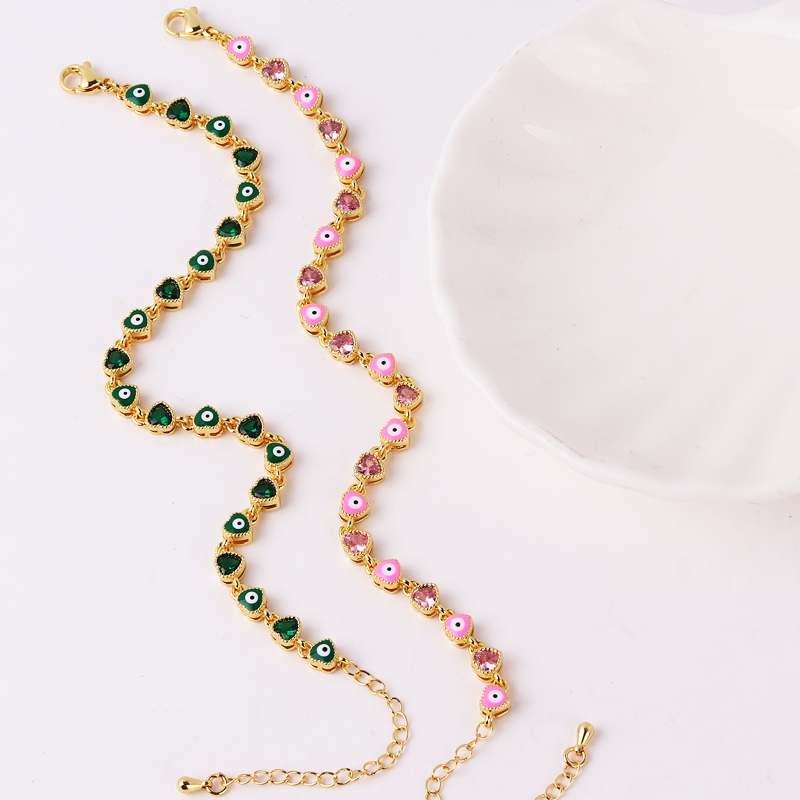 Pulsera con dije de mal de ojo turco y corazón chapado en oro de 18 quilates para mujer, pulsera ajustable con cadena de cobre de la suerte bohemia, joyería de verano