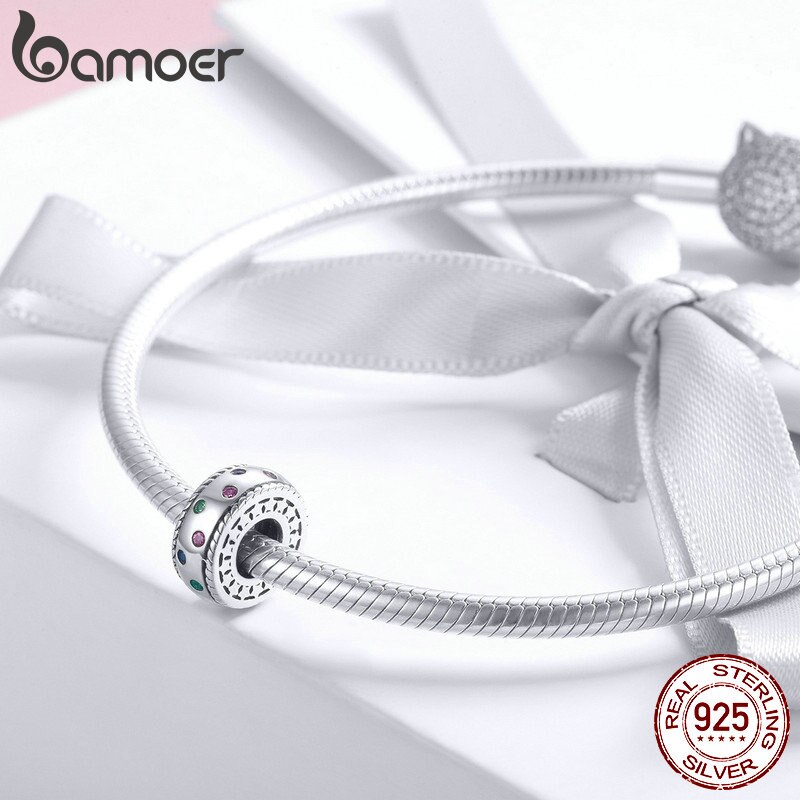 BAMOER Vendita Calda 100% 925 Sterling Silver Arcobaleno Colorato CZ Branelli di Fascino del Distanziatore Misura Branelli Braccialetti Con Ciondoli Braccialetti Dei Monili SCC1005