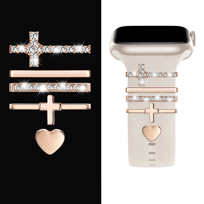Anillo decorativo de correa de para Apple Watch, adorno de diamante, decoración de pulsera, dijes de Metal, accesorios de correa de silicona: White black