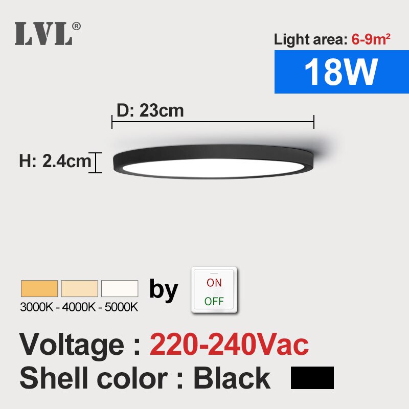 Førte ultra tyndt panel lys sort hvid skal 18w 24w 32w justerbar belysningsfarve til køkken soveværelse badeværelse panel lampe: 18w- sort skal