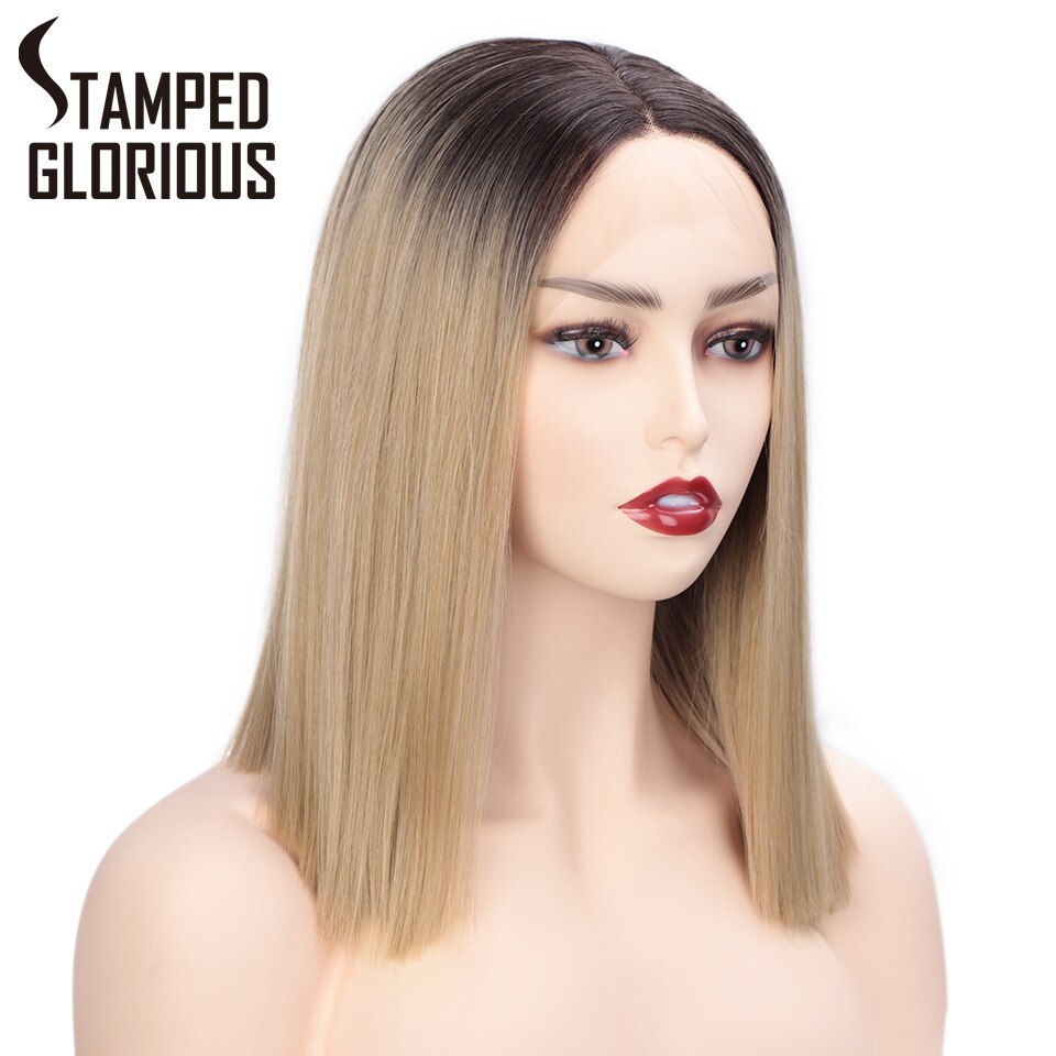 Stamped Glorious Bob Lace Front Pruik Ombre Blonde Lace Pruik Korte Rechte Synthetische Pruiken Voor Vrouwen Midden Divisie Haarlijn: Default Title