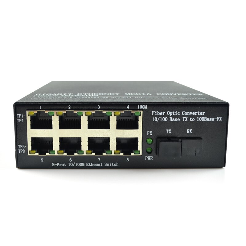 Convertidor de medios de fibra óptica, 1 par, 10/100M, 8 RJ45, 1 SC, fibra única, 25KM, para cámara HD, 2 uds.