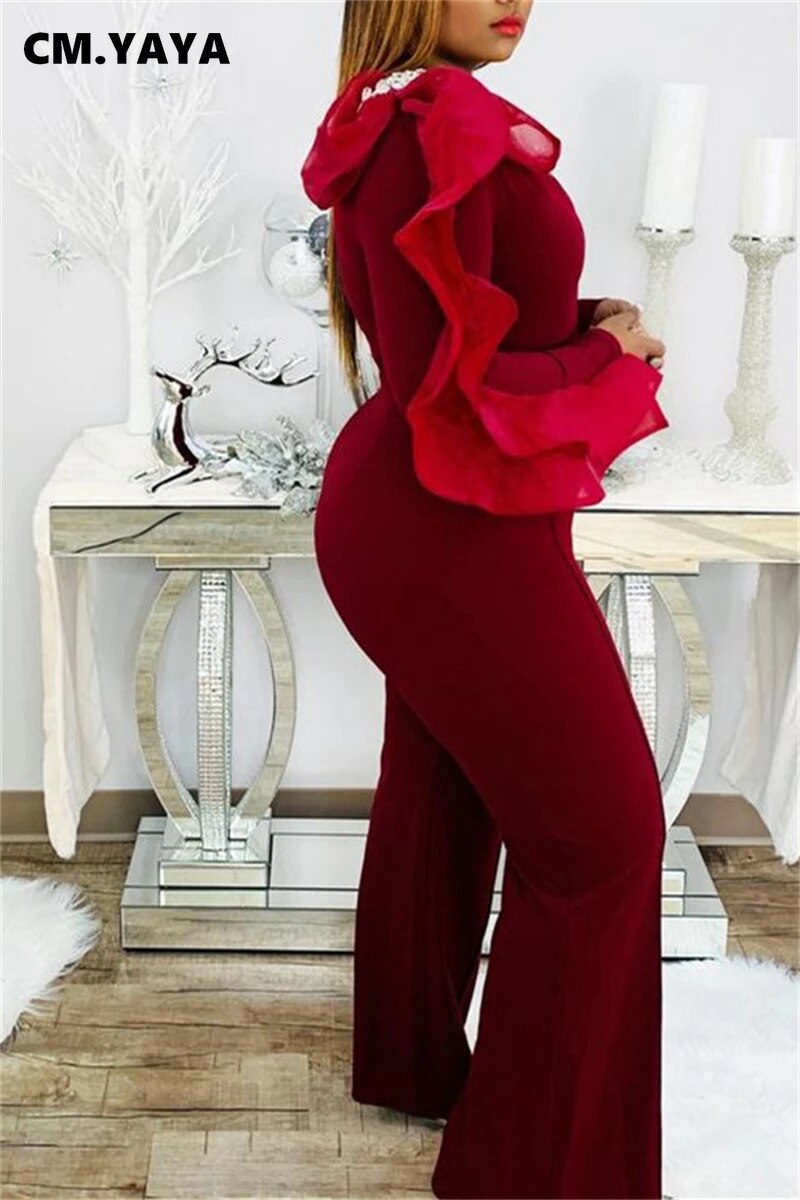 CM.YAYA – combinaison droite Vintage, grande taille, à volants, épissage, manches longues, décolleté en v profond, soirée, une pièce