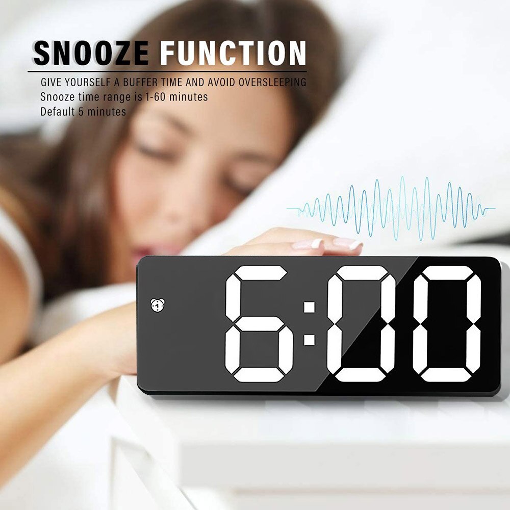 Abs spegel väckarklocka led digital klocka röstkontroll snooze tid temperatur display nattläge
