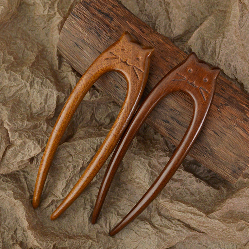 Palillos para el cabello con de gato chino, tenedores para el cabello de madera en forma de U para mujeres y niñas, horquillas Hanfu, tocados, accesorios para el cabello