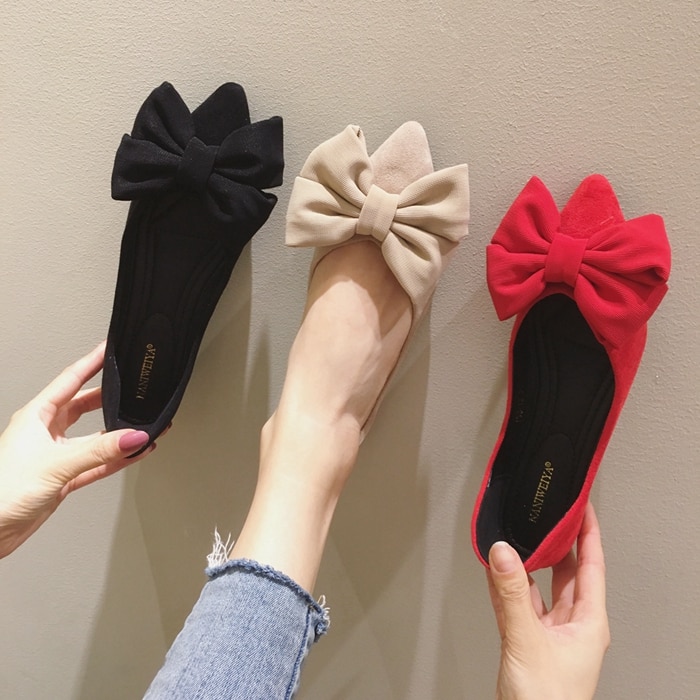 big bowknot sping single shoes woman suede leather shallow mouth ballet flats solid color scarpe donna loafers women