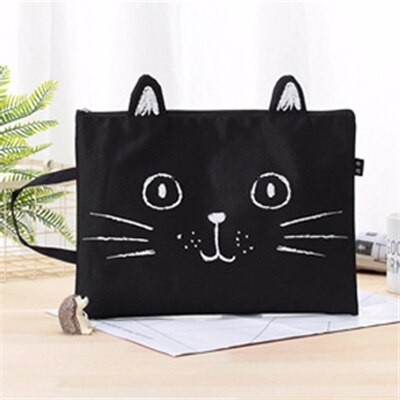 Toile fichier sac étudiant dessin animé A4 fichier paquet Portable Test papier sac de rangement fourre-tout mignon chat fermeture éclair mallette: Black