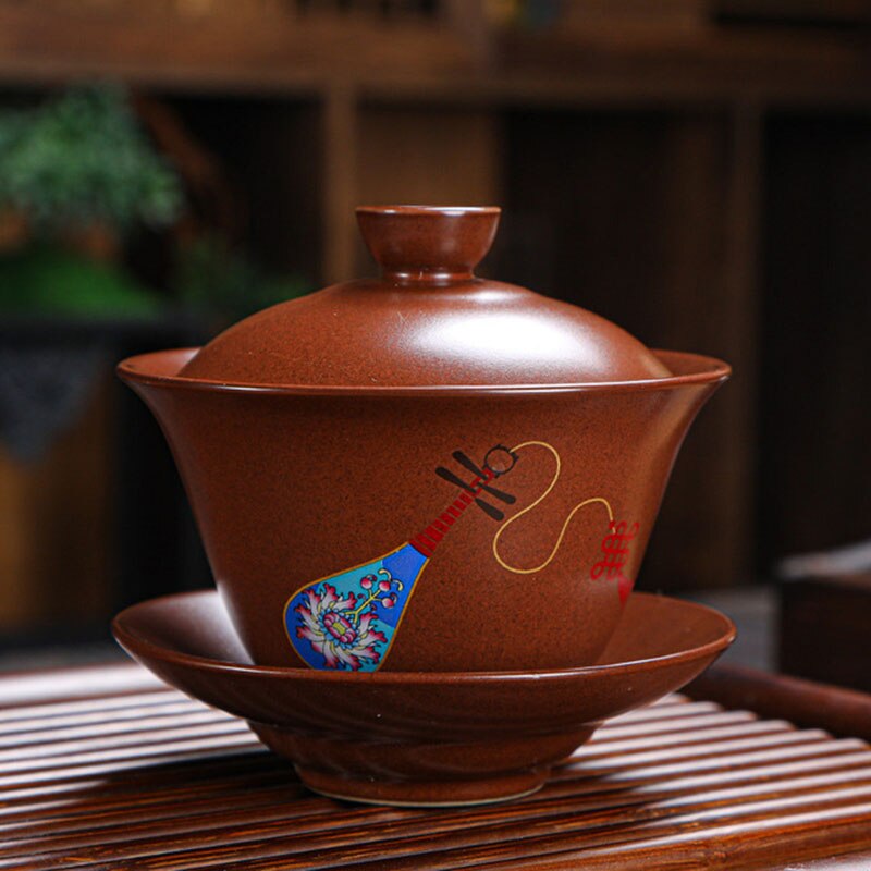 Retro Ceramic Gaiwan Wood-fired Ancient Pottery Tea Bowl Pipa Deer Pattern Tea Cup Kungfu Teaware Kitchen Drinking Tool 190ml