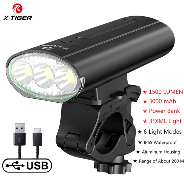 X-TIGER Bike Light 1800 Lumens MTB Road Bike Front Lamp Bike Accessories Rainproof USB Rechargeable LED Bike Flashlight: QD-0901