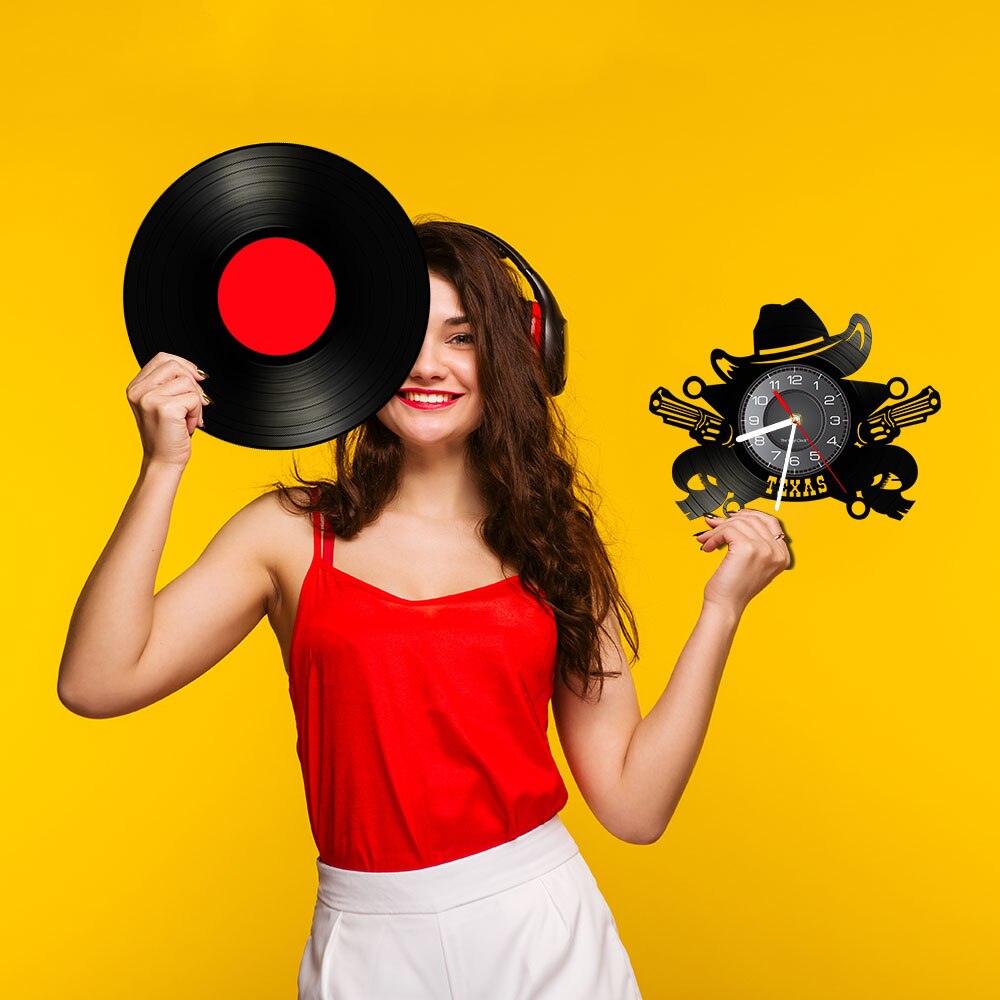 Texas Cowboy Wall Clock Western USA Skyline Symbol Vinyl Record Wall Clock Wild West Vintage Rodeo Revolvers Western Wall Decor