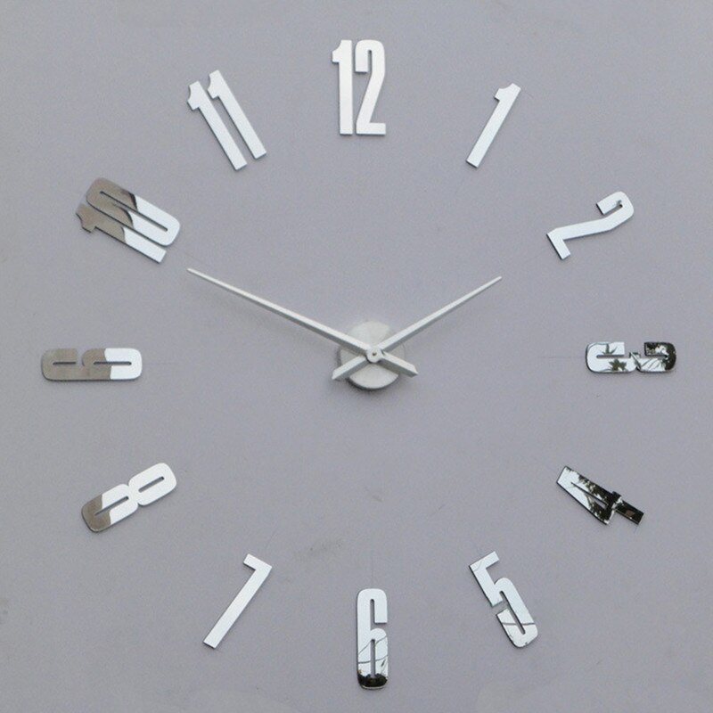 Reloj de pared grande 3D DIY, sala de estar silenciosos para grandes relojes digitales, números árabes, pegatinas de espejo autoadhesivas para pared, decoración del hogar: Silver