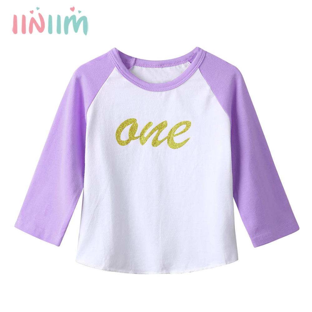 Infantil do bebê meninas t-shirts aniversário raglan mangas glitter carta um impresso algodão macio camisa topos bebê crianças roupas casuais