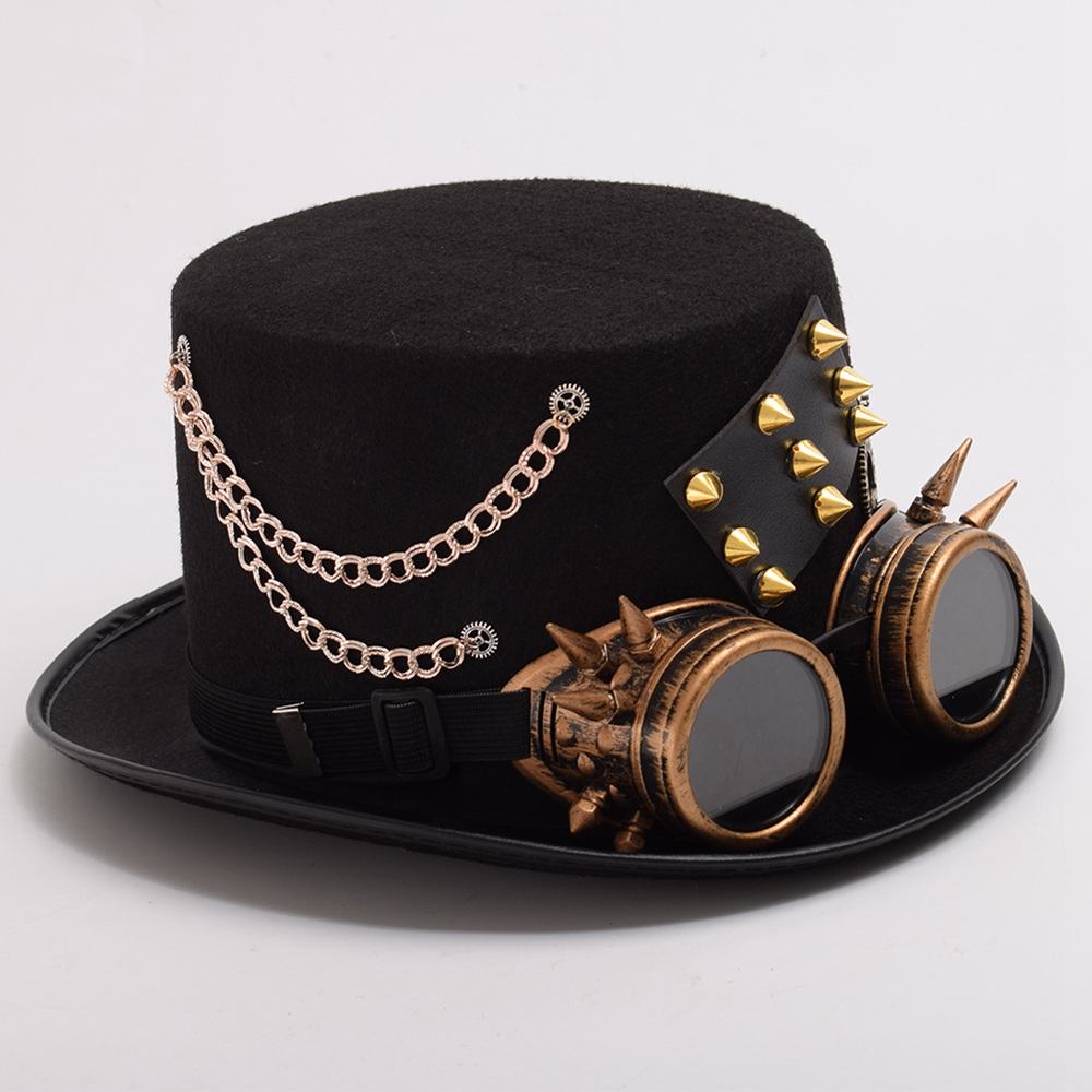 Black Steampunk Punk Hoed Met Bril Gothic Vrouwen Mannen Cosplay Klinknagel Gear Fedora Bowler