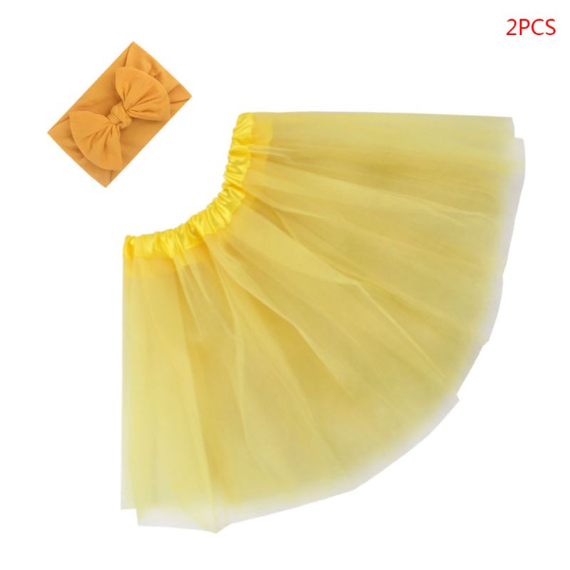 2 Pcs/set Sweet Baby Girls Tulle Tutu Skirt Hair Band Newborn Photography Props K1KC: Yellow