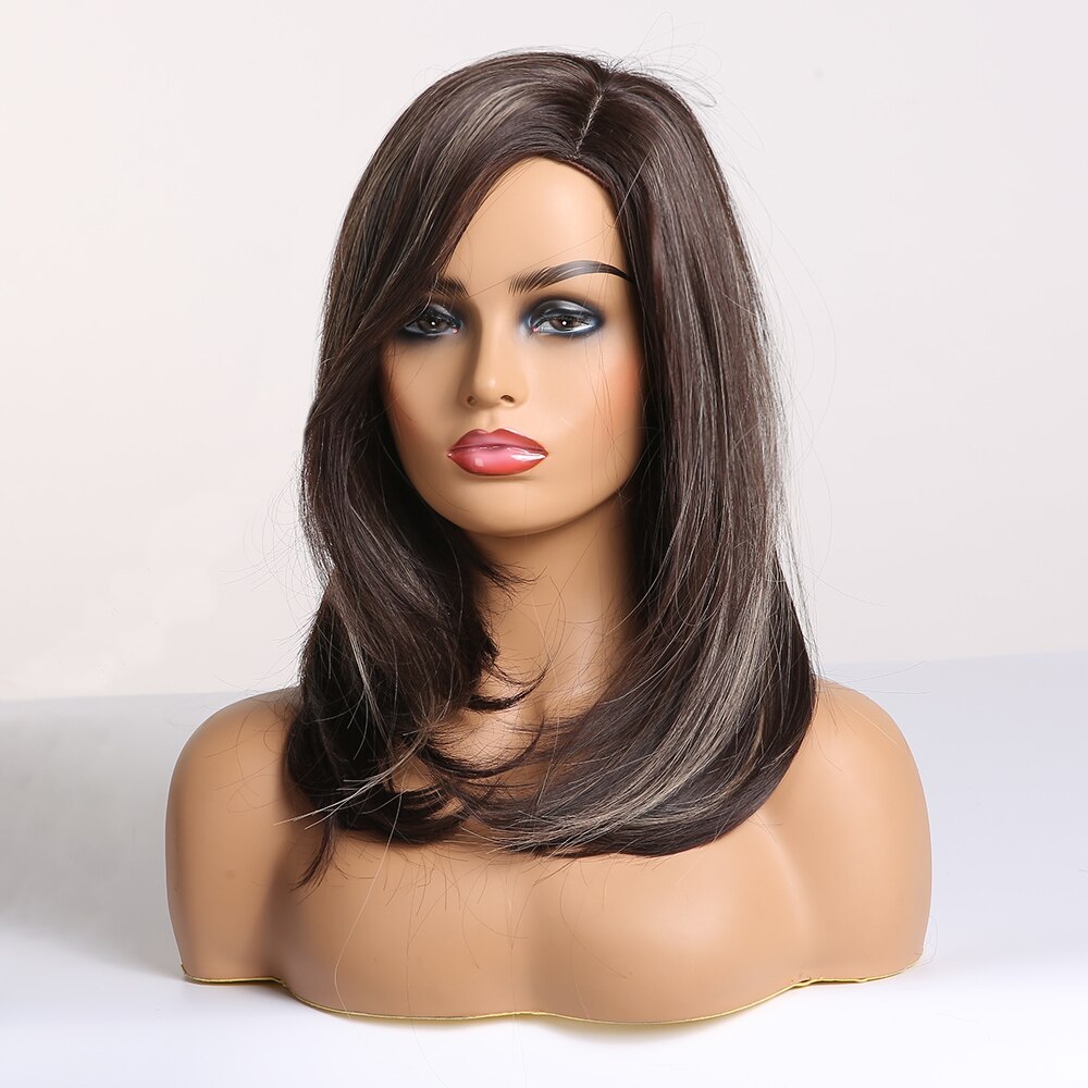 Perruques synthétiques droites naturelles easihair marron foncé ombré pour femmes, perruques bob mi-longues avec frange latérale, perruques résistantes à la chaleur