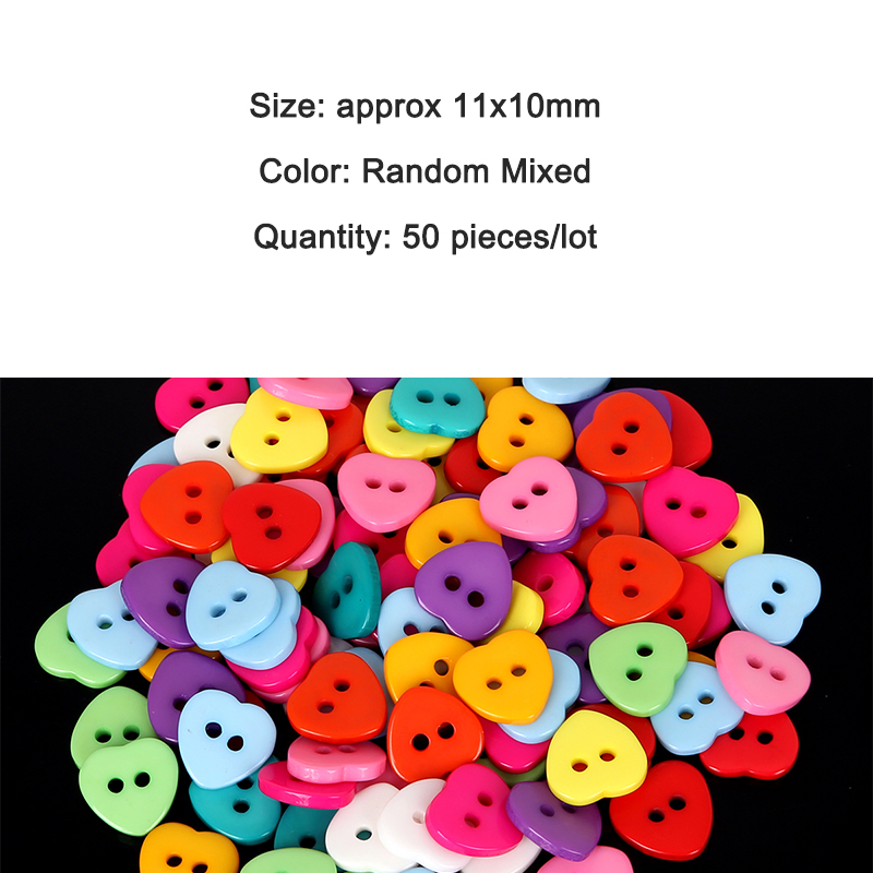 Botones decorativos variados al azar de , 2 agujeros, 11x10mm, botones de plástico de costura, corazón de amor, Flatblck Craft, Scrapbooking, 50 Uds.
