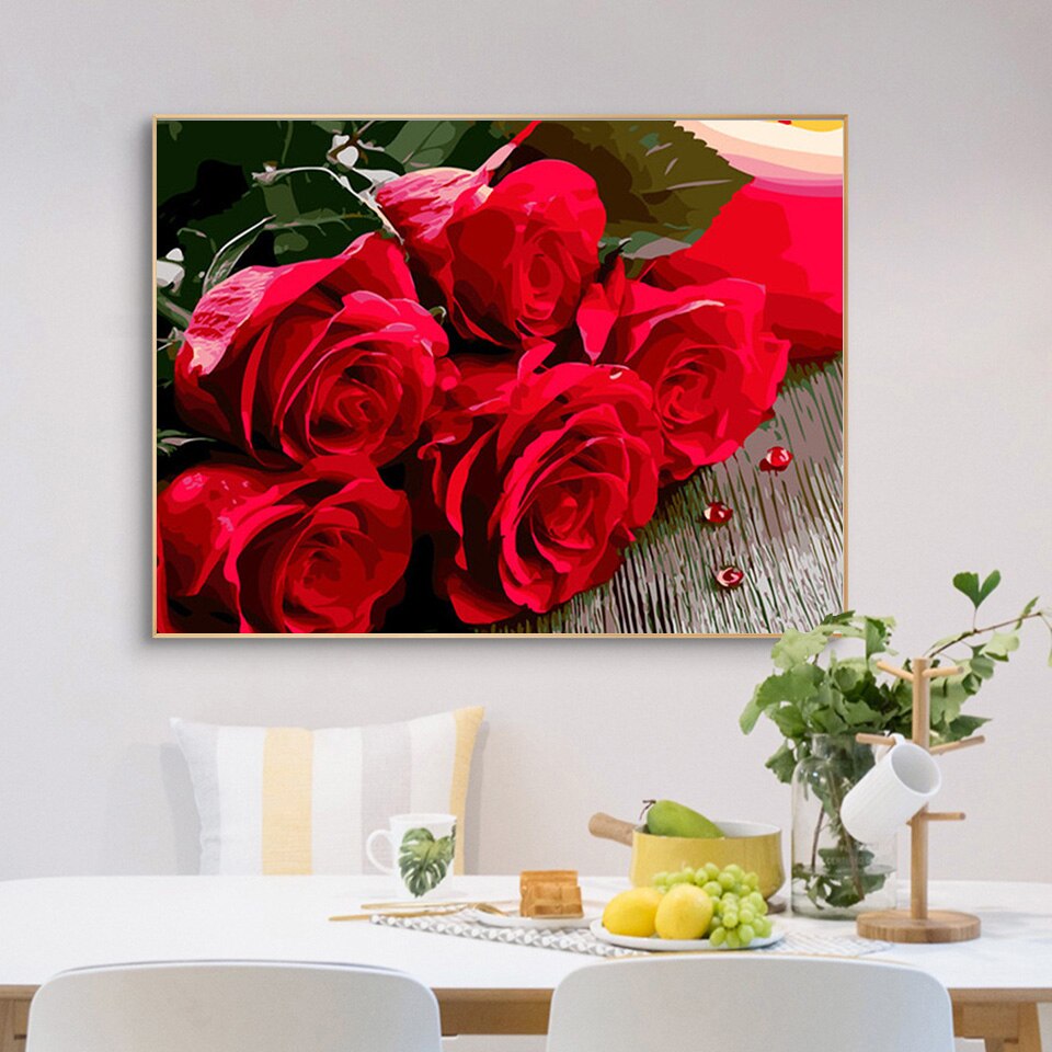 AZQSD Picture Oil Painting By Numbers Red Rose Painting By Number Flower Wall Art Home Decoration Kits Drawing Canvas