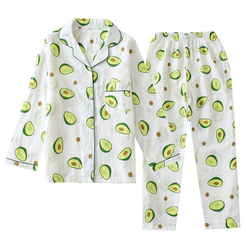 Kvinder avocado pyjamas til forår og sommer pyjamas jakkesæt vævet bomuld dobbelt gaze langærmede bukser plus størrelse tøj