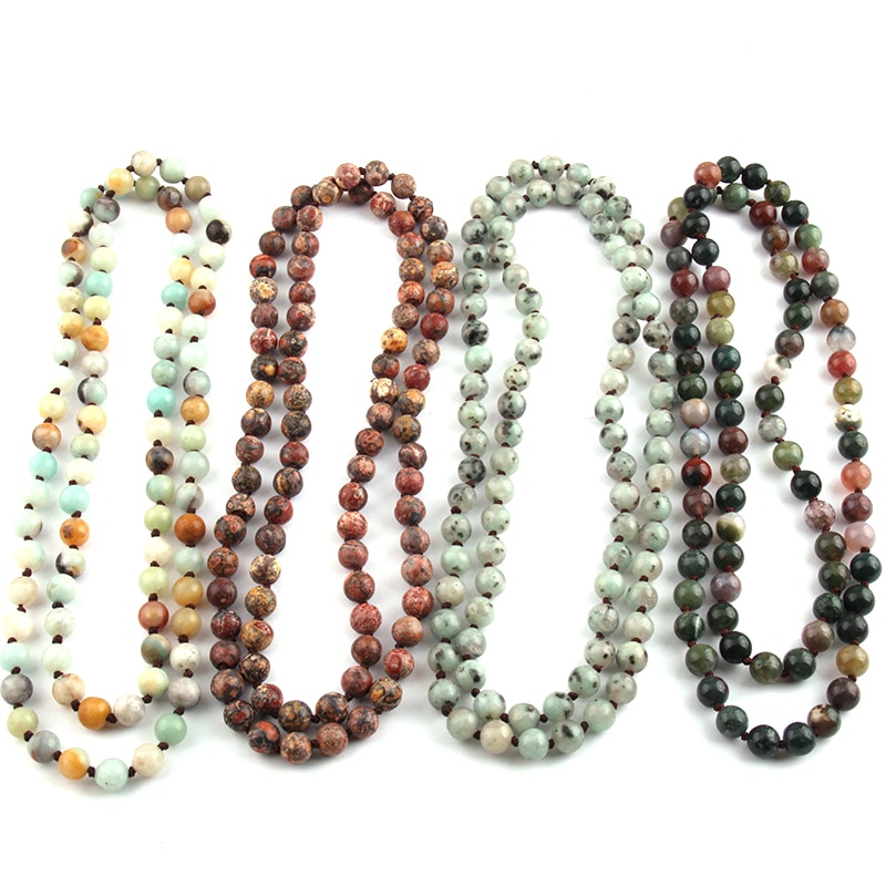 Semi Precious Stones Beads Statement Necklaces long Knotted Beads Cross Necklace