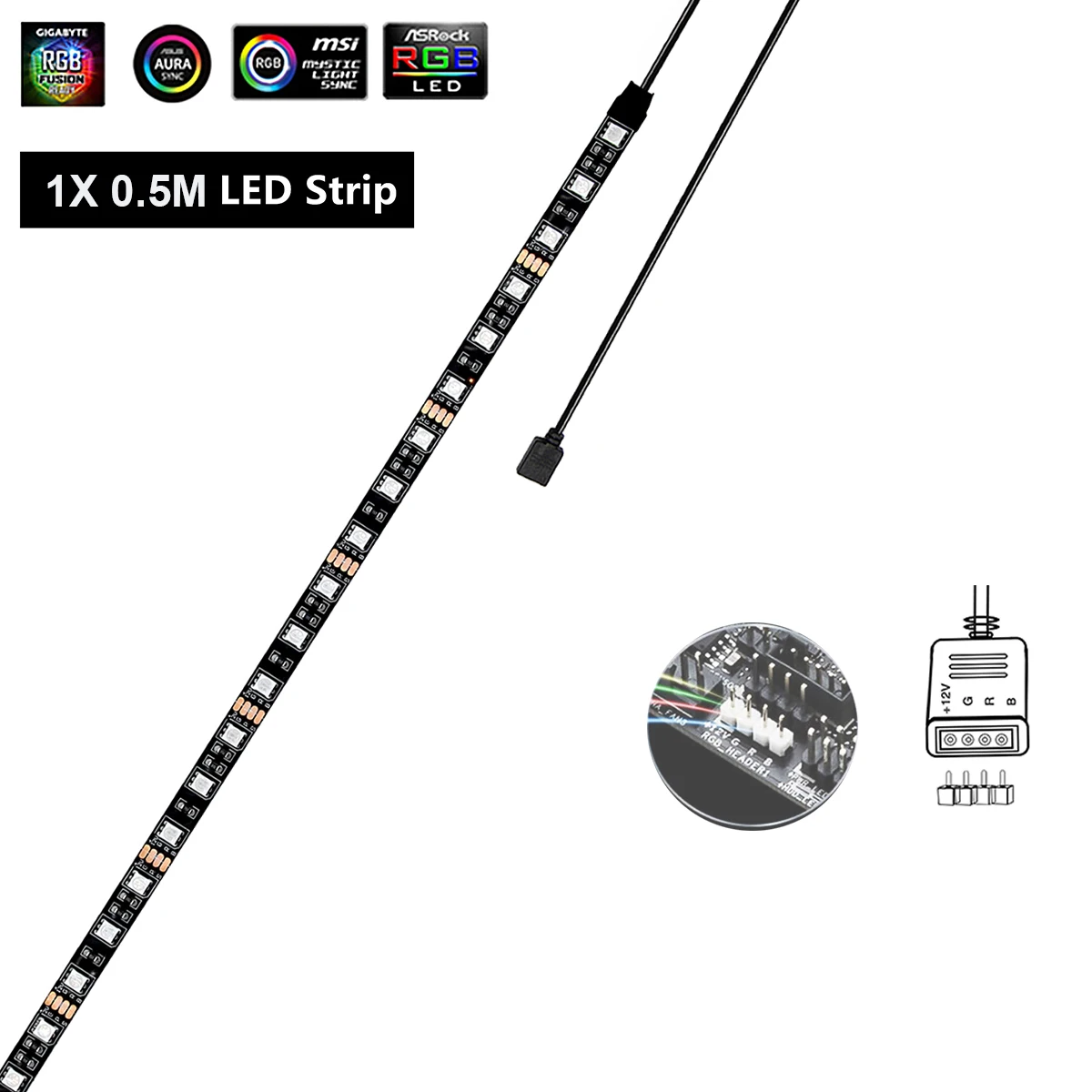 Tira de luces LED RGB 5050 para juegos, línea de rama para 12V Aura Sync, Control de placa base, carcasa de ordenador, 0,5 M- 2M, 4 pines, cabezal RGB: Blanco / Azul