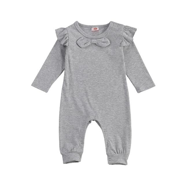 3-12M Herfst Effen Geribbelde Jumpsuit Peuter Jongen Baby Baby Meisjes Lange Flying Mouwen Strik Hals Geribbelde Knop romper Broek: Grijs / 12m