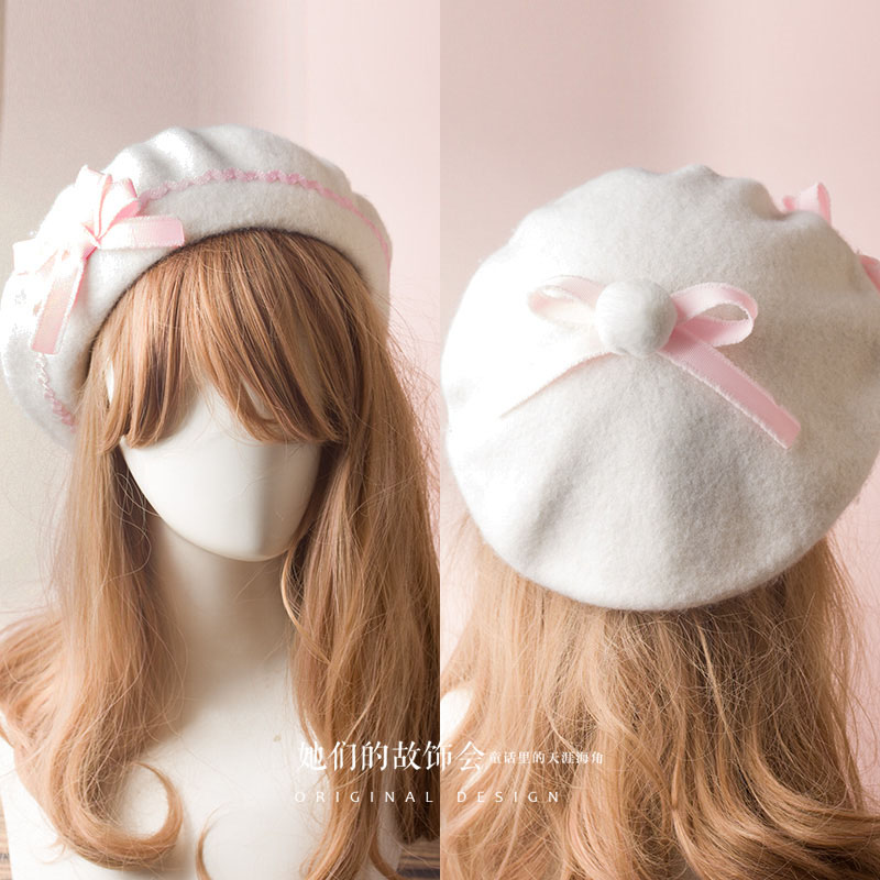 17 Kleuren Lolita Baretten Wol Blend Hoed Vrouwen Meisjes Boog Plaids Streep Sailor Stijl Preppy Chic Studenten Cap: A