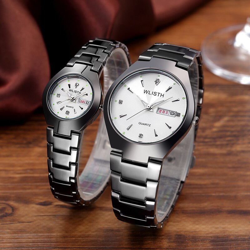 Paar Senior Uhr Herren Damen Uhr Leucht Wolfram Stahl Farbe Wasserdichte Schüler Männlichen Kalender Quarzuhr