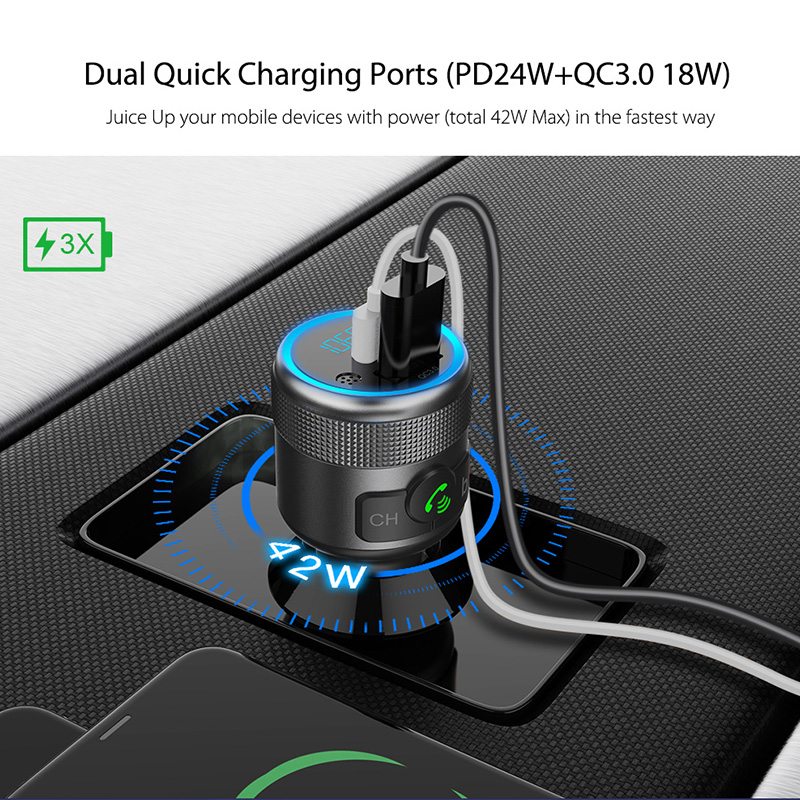 Transmetteur FM Bluetooth 5.0 Pour Voiture - Allume-Cigare, Charge Rapide QC3.0, Appels Mains Libres - 10