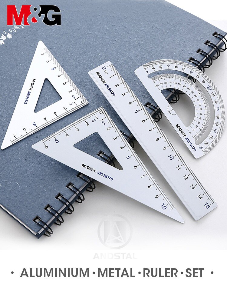 M&G Aluminium Metal Geometry Ruler Set Maths pencil stationery triangular Rulers Protractor Students for School Office Supplies