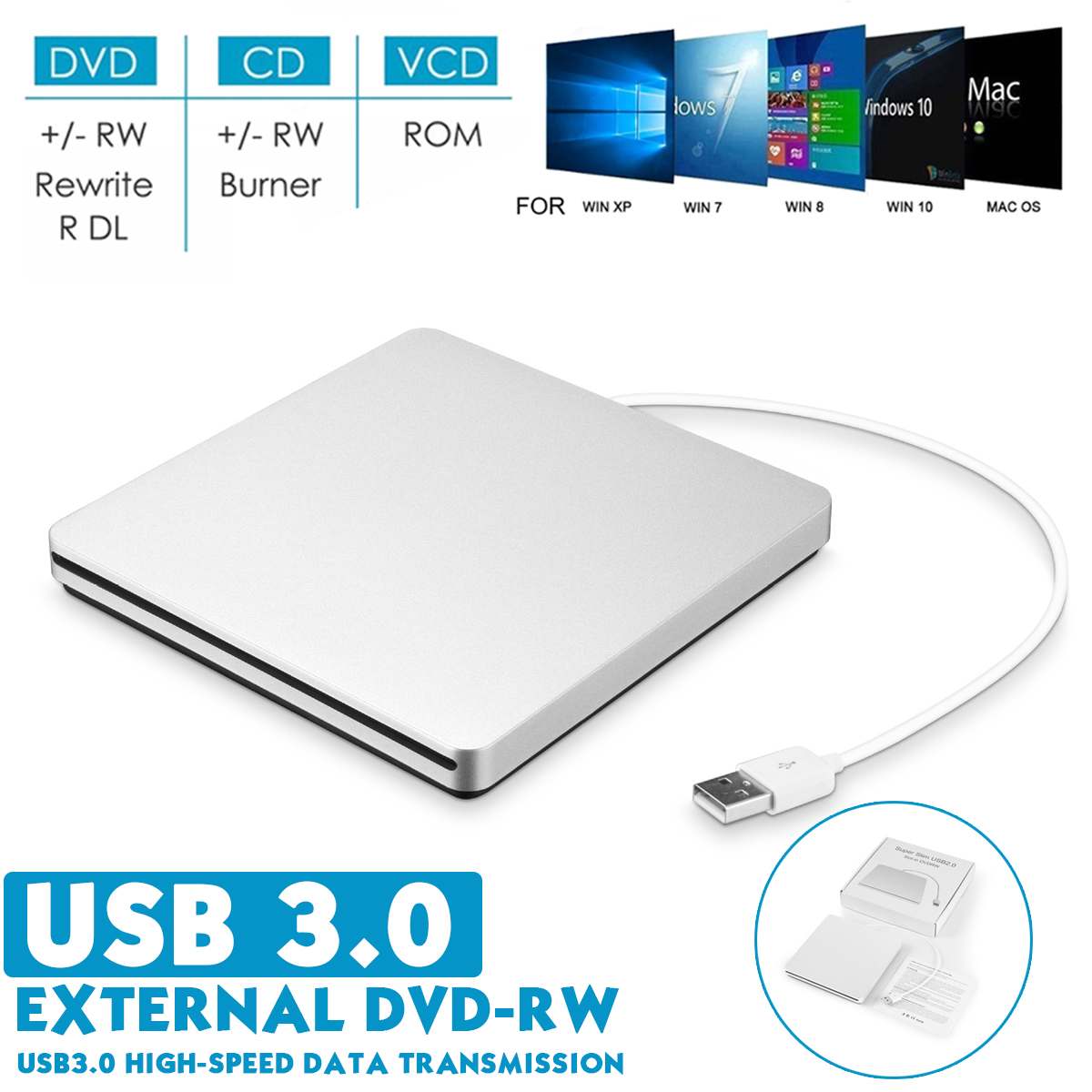 USB3.0 External CD/DVD Burner DVD-ROM Optical Drive player Slot Loading Portatil for Windows 7/8/10 MACs Notebook Driver