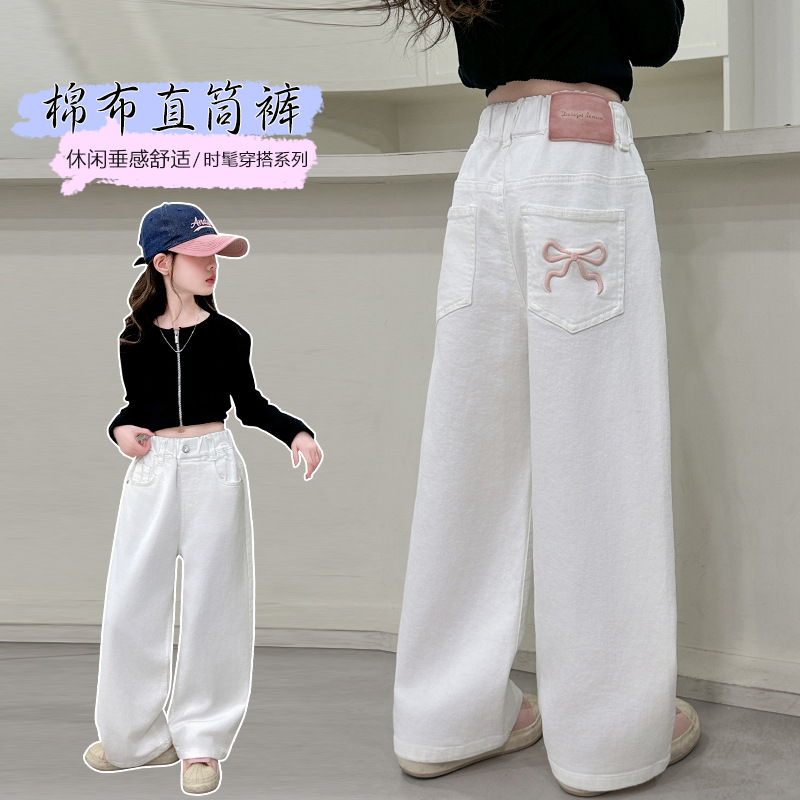 Pantalones vaqueros rectos blancos Vintage para niños con lazos para niñas, nuevos pantalones vaqueros holgados ajustados de primavera, pantalones vaqueros informales para niños y adolescentes