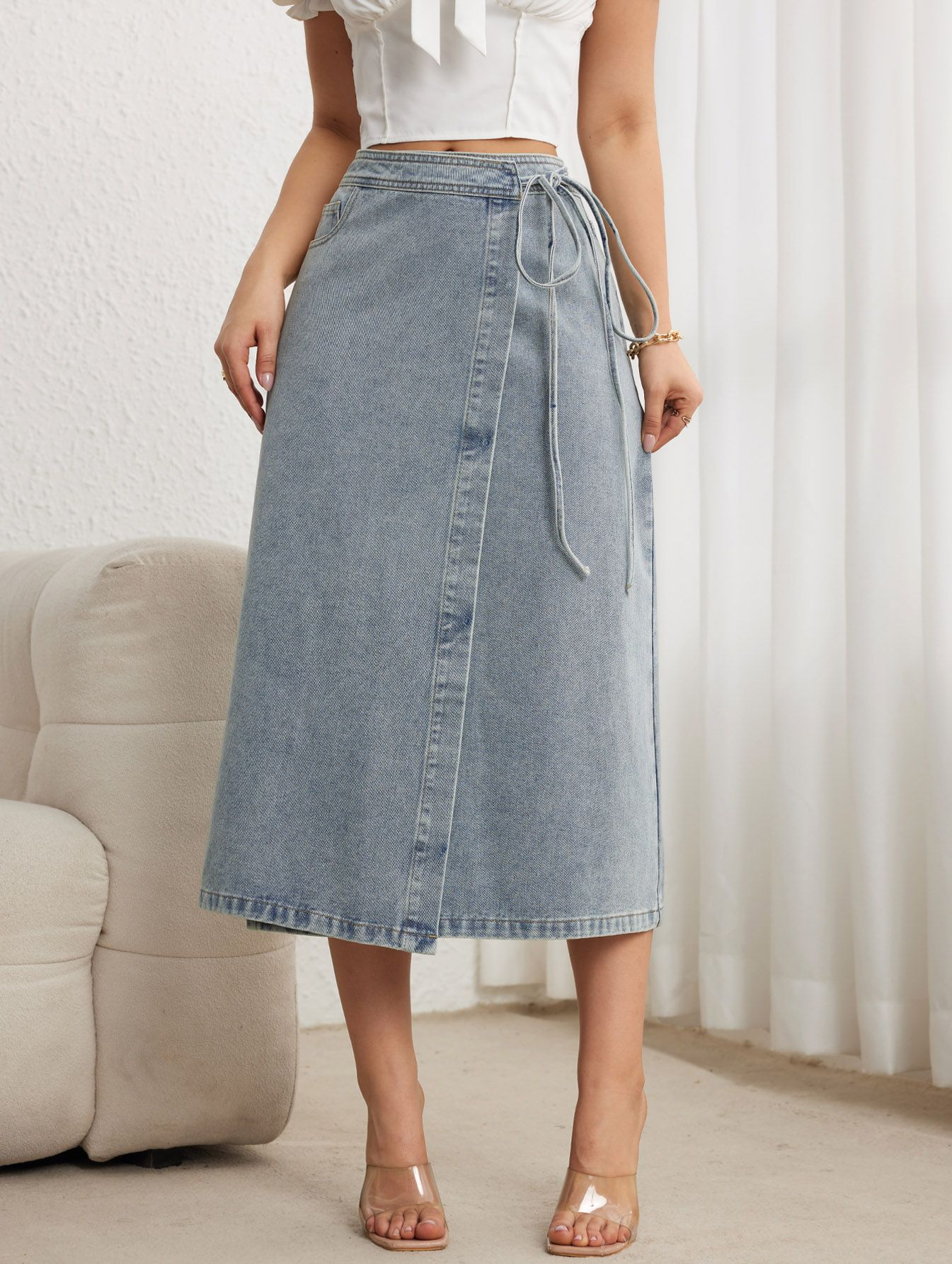 Zhisilao hög midja långa kjolar kvinnor vintage a-linjeformade denimkjolar vår sommar