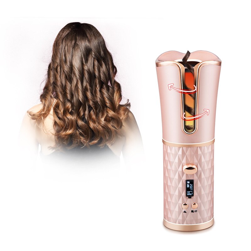 Draadloze automatische krultang, oplaadbaar via usb, automatisch roterend, led-display, temperatuur voor het stylen van krullen of golvend haar.