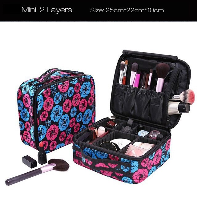 Women Brand Cosmetic Bag Travel Makeup Organizer Make Up Box Cosmetics Pouch Bags Beauty Case For Makeup Artist: Mini Blue Rose Flowe