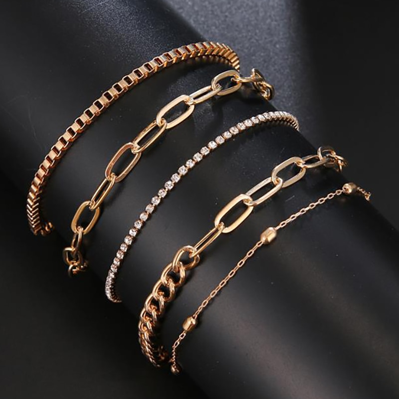 VKME 5 Teile/satz Punk Gold Kristall Dicke Kette Armbänder einstellen Für Frauen Böhmischen Geometrische Kette Ot Schnalle Armbinde einstellen Schmuck